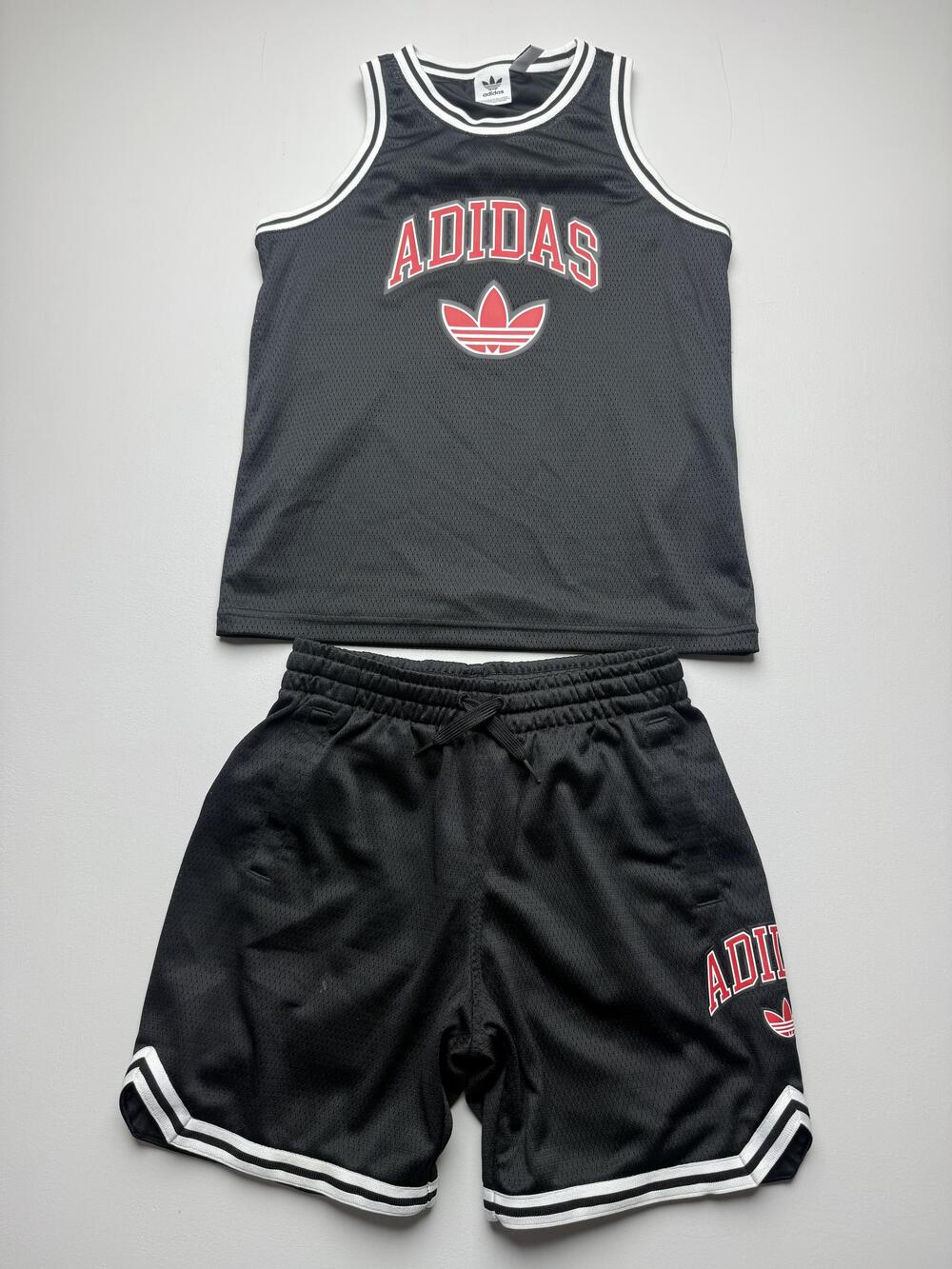 Adidas Tank Shorts Outfit Set Youth 11-12 Black Mesh Basketball Trefoil Logo
